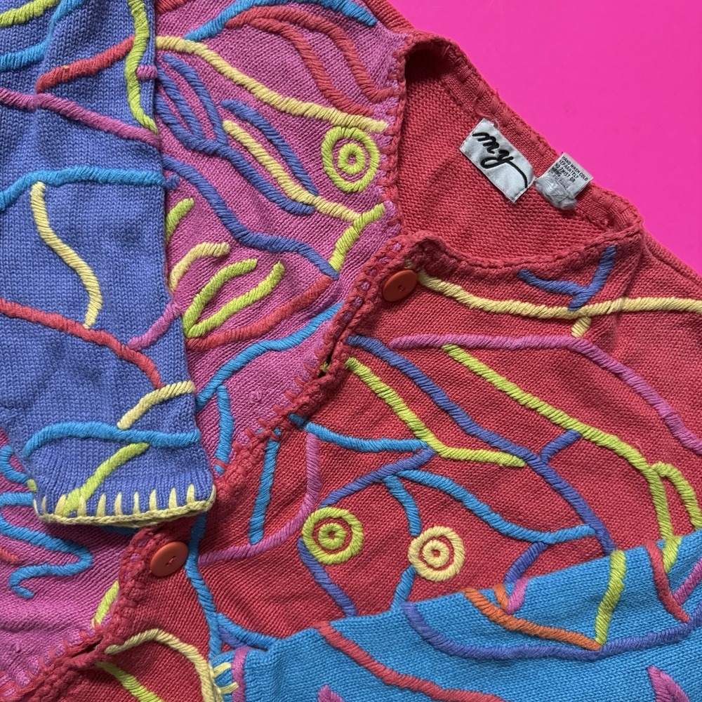Rare Vintage Y2K MY Sweater Colorful Knit Cardigan Abstract Women's Medium